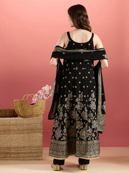 Festive Floral Printed Anarkali With Pant & Dupatta - Black