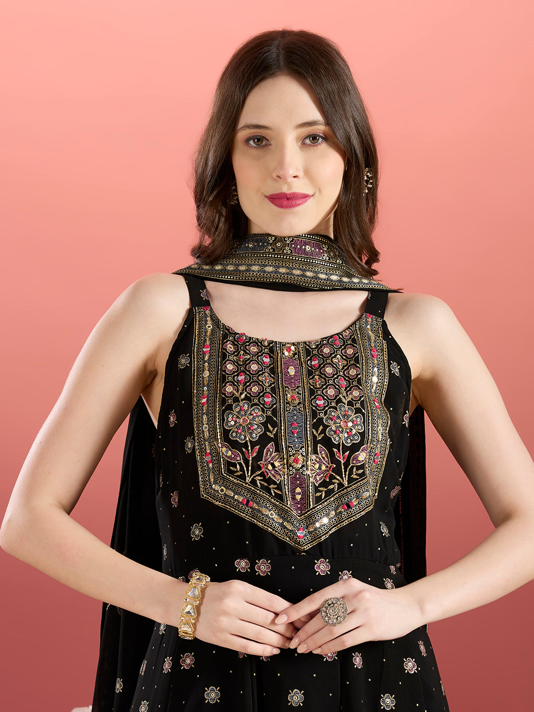 Festive Floral Printed Anarkali With Pant & Dupatta - Black