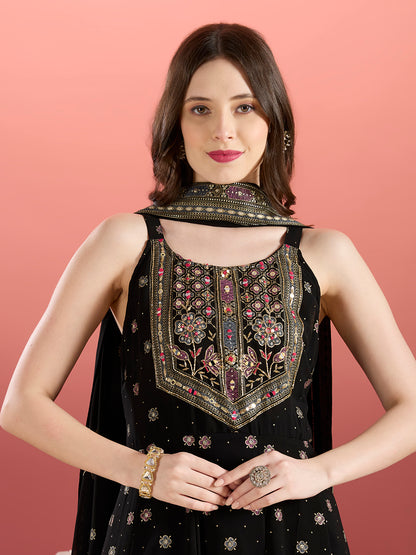 Festive Floral Printed Anarkali With Pant & Dupatta - Black