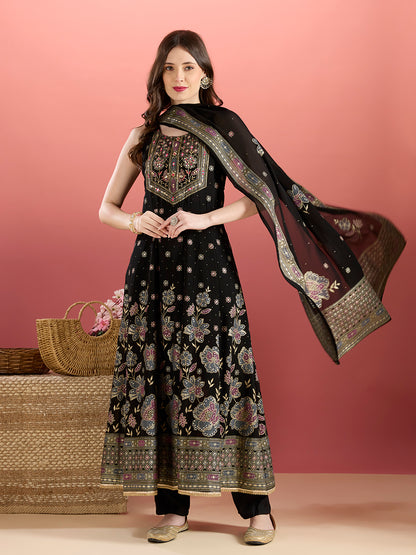 Festive Floral Printed Anarkali With Pant & Dupatta - Black