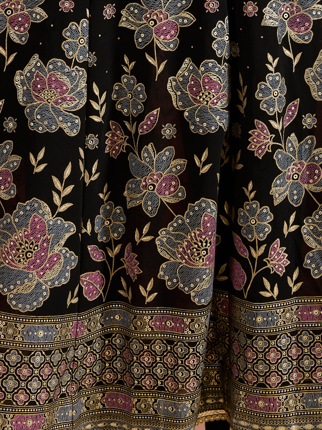 Festive Floral Printed Anarkali With Pant & Dupatta - Black