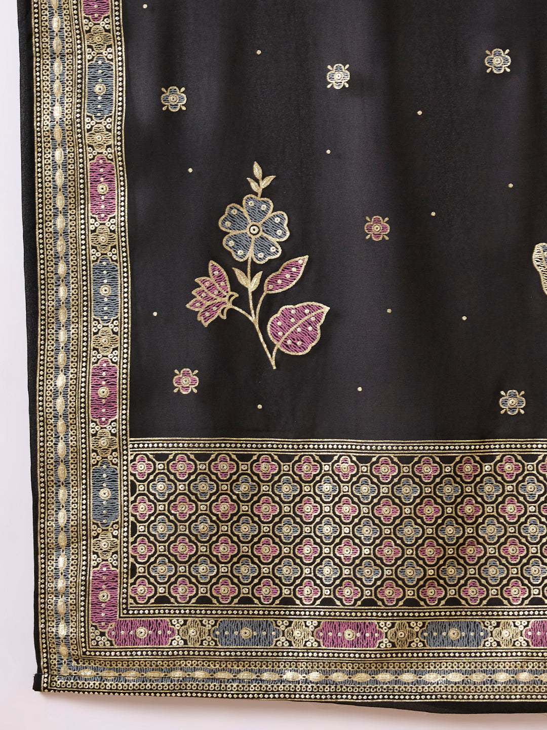 Festive Floral Printed Anarkali With Pant & Dupatta - Black