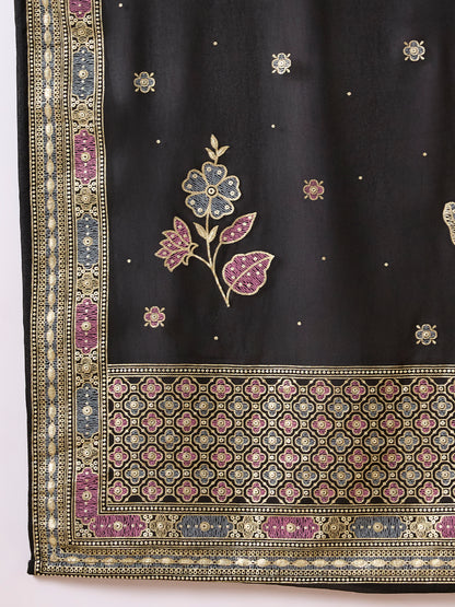 Festive Floral Printed Anarkali With Pant & Dupatta - Black