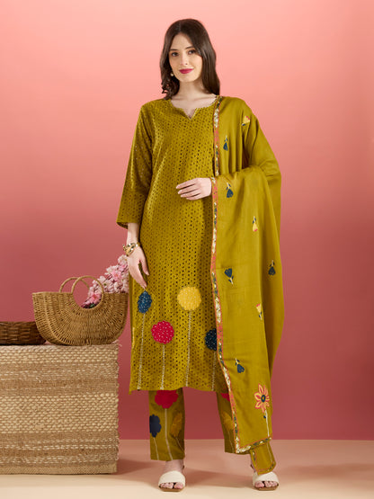 Solid Schiffli Floral Embroidered Straight Kurta with Pant & Dupatta - Lime Green