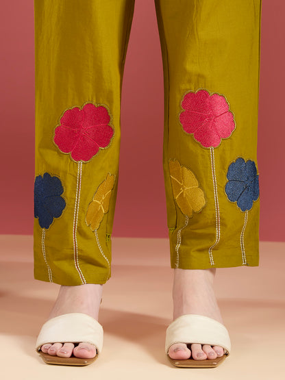 Solid Schiffli Floral Embroidered Straight Kurta with Pant & Dupatta - Lime Green