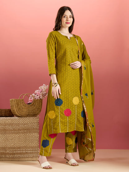 Solid Schiffli Floral Embroidered Straight Kurta with Pant & Dupatta - Lime Green