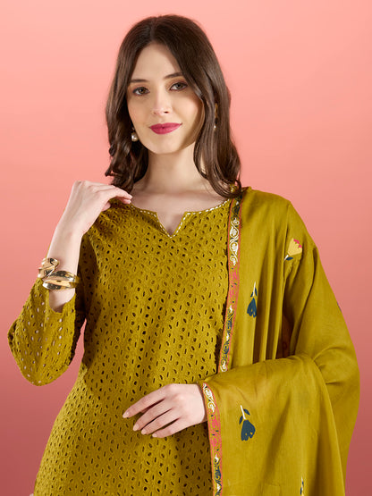 Solid Schiffli Floral Embroidered Straight Kurta with Pant & Dupatta - Lime Green