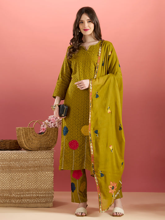 Solid Schiffli Floral Embroidered Straight Kurta with Pant & Dupatta - Lime Green