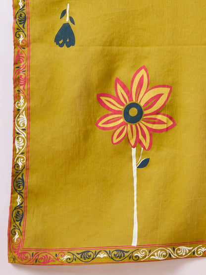 Solid Schiffli Floral Embroidered Straight Kurta with Pant & Dupatta - Lime Green