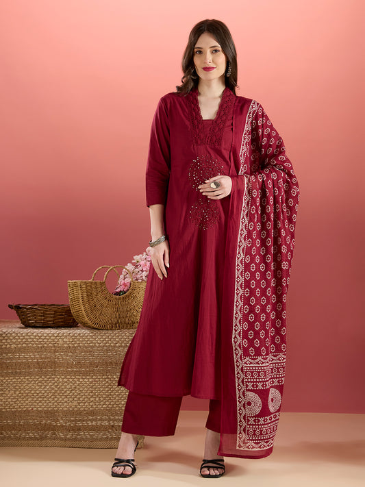 Solid Mirror Embroidered A-Line Kurta with Palazzo & Dupatta - Burgundy