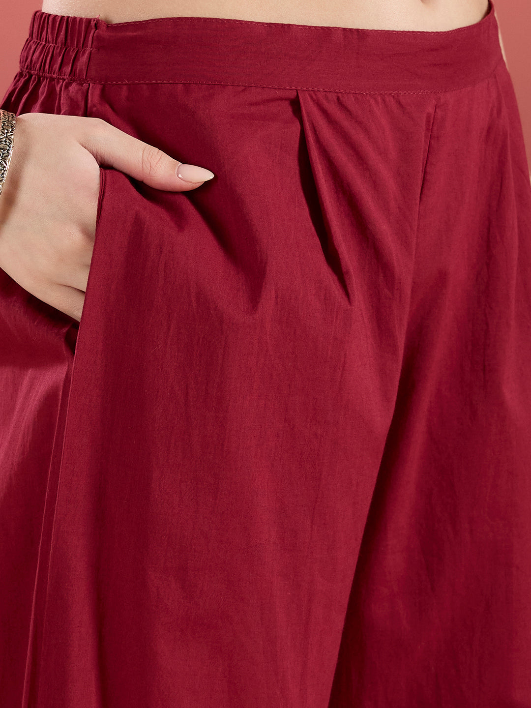 Solid Mirror Embroidered A-Line Kurta with Palazzo & Dupatta - Burgundy
