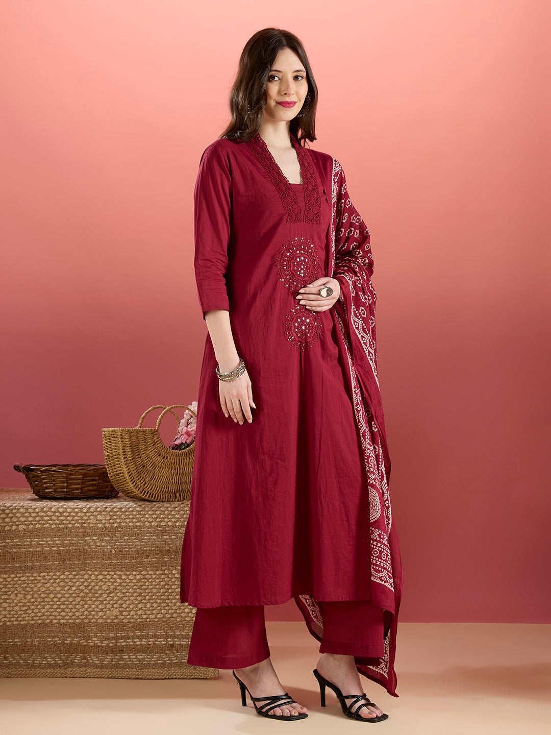 Solid Mirror Embroidered A-Line Kurta with Palazzo & Dupatta - Burgundy