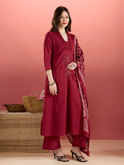 Solid Mirror Embroidered A-Line Kurta with Palazzo & Dupatta - Burgundy
