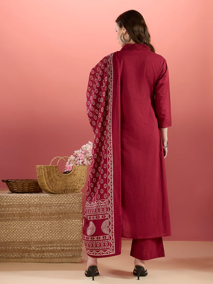 Solid Mirror Embroidered A-Line Kurta with Palazzo & Dupatta - Burgundy