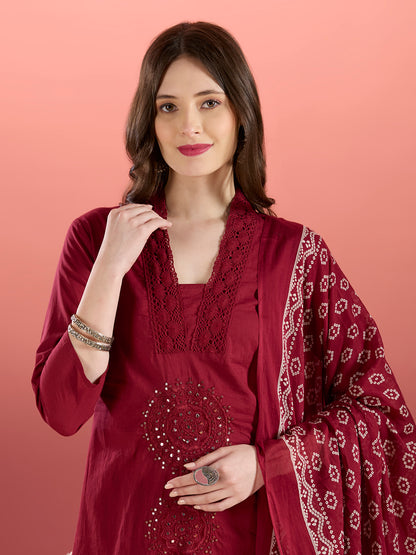 Solid Mirror Embroidered A-Line Kurta with Palazzo & Dupatta - Burgundy