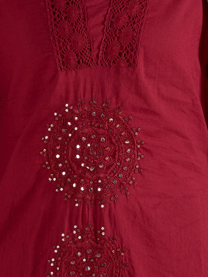 Solid Mirror Embroidered A-Line Kurta with Palazzo & Dupatta - Burgundy