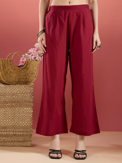 Solid Mirror Embroidered A-Line Kurta with Palazzo & Dupatta - Burgundy