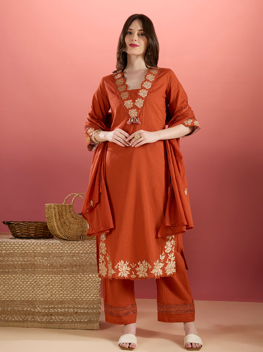 Solid Floral Embroidered Straight Kurta with Palazzo & Dupatta - Rust