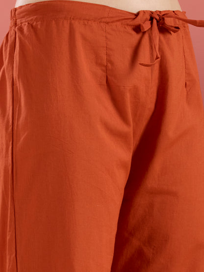 Solid Floral Embroidered Straight Kurta with Palazzo & Dupatta - Rust