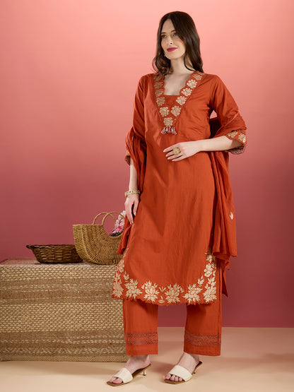 Solid Floral Embroidered Straight Kurta with Palazzo & Dupatta - Rust