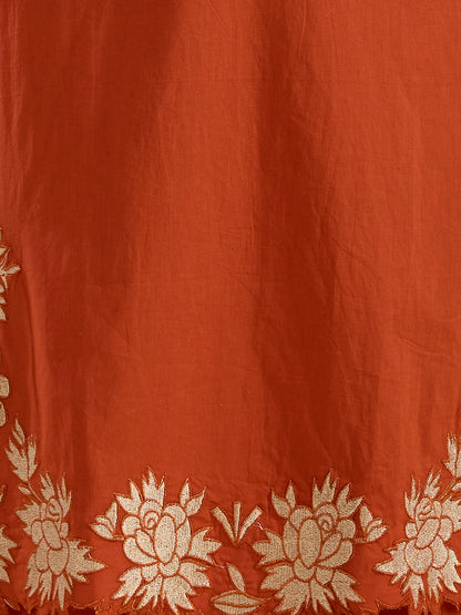 Solid Floral Embroidered Straight Kurta with Palazzo & Dupatta - Rust