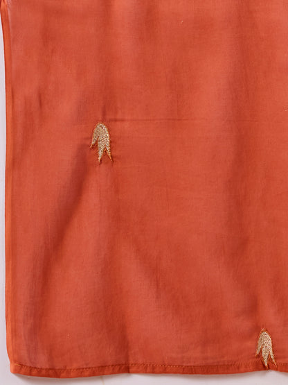 Solid Floral Embroidered Straight Kurta with Palazzo & Dupatta - Rust