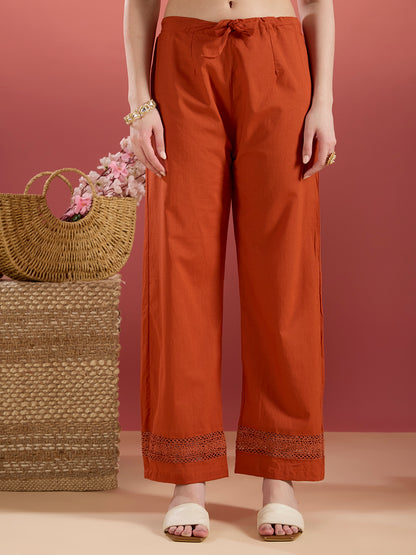 Solid Floral Embroidered Straight Kurta with Palazzo & Dupatta - Rust