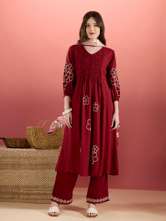 Floral Embroidered A-Line Pleated Kurta with Palazzo & Dupatta - Maroon