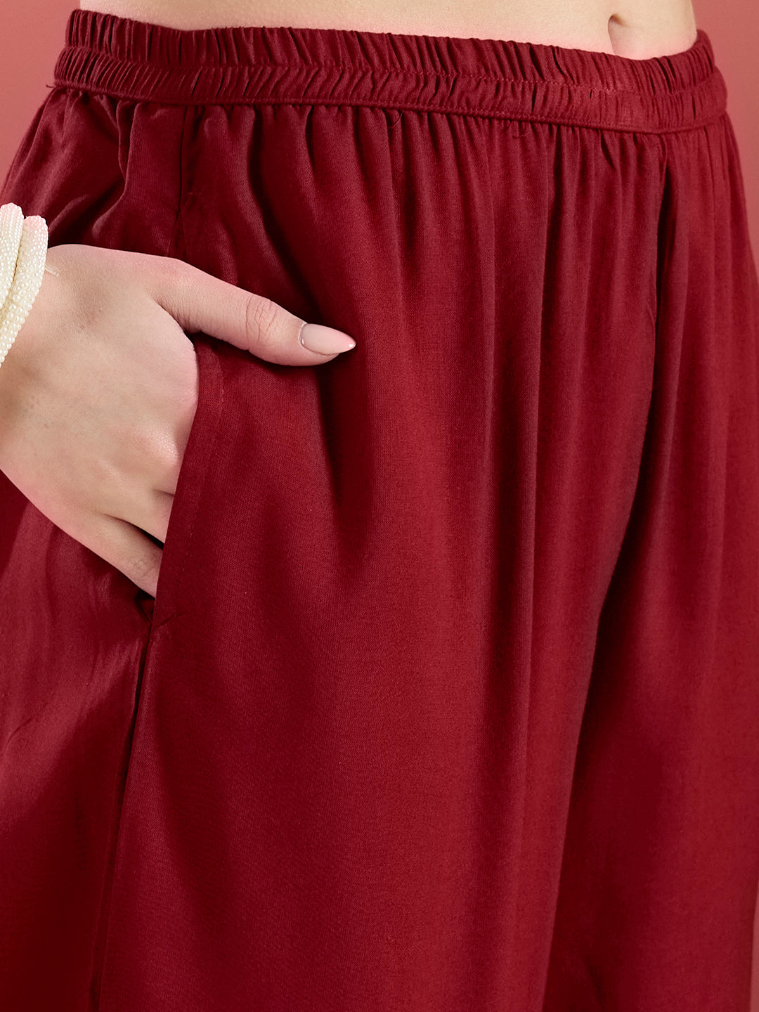 Floral Embroidered A-Line Pleated Kurta with Palazzo & Dupatta - Maroon