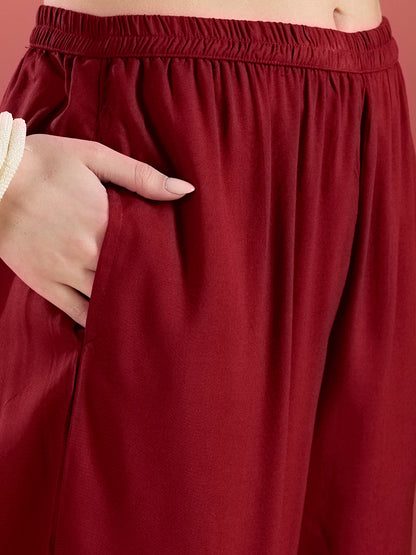 Floral Embroidered A-Line Pleated Kurta with Palazzo & Dupatta - Maroon
