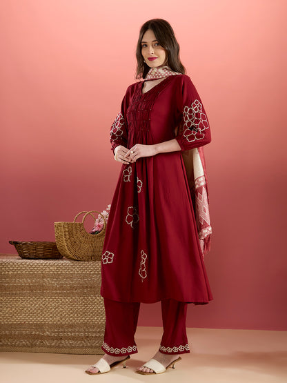 Floral Embroidered A-Line Pleated Kurta with Palazzo & Dupatta - Maroon