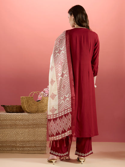 Floral Embroidered A-Line Pleated Kurta with Palazzo & Dupatta - Maroon