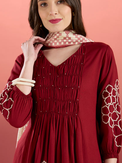 Floral Embroidered A-Line Pleated Kurta with Palazzo & Dupatta - Maroon