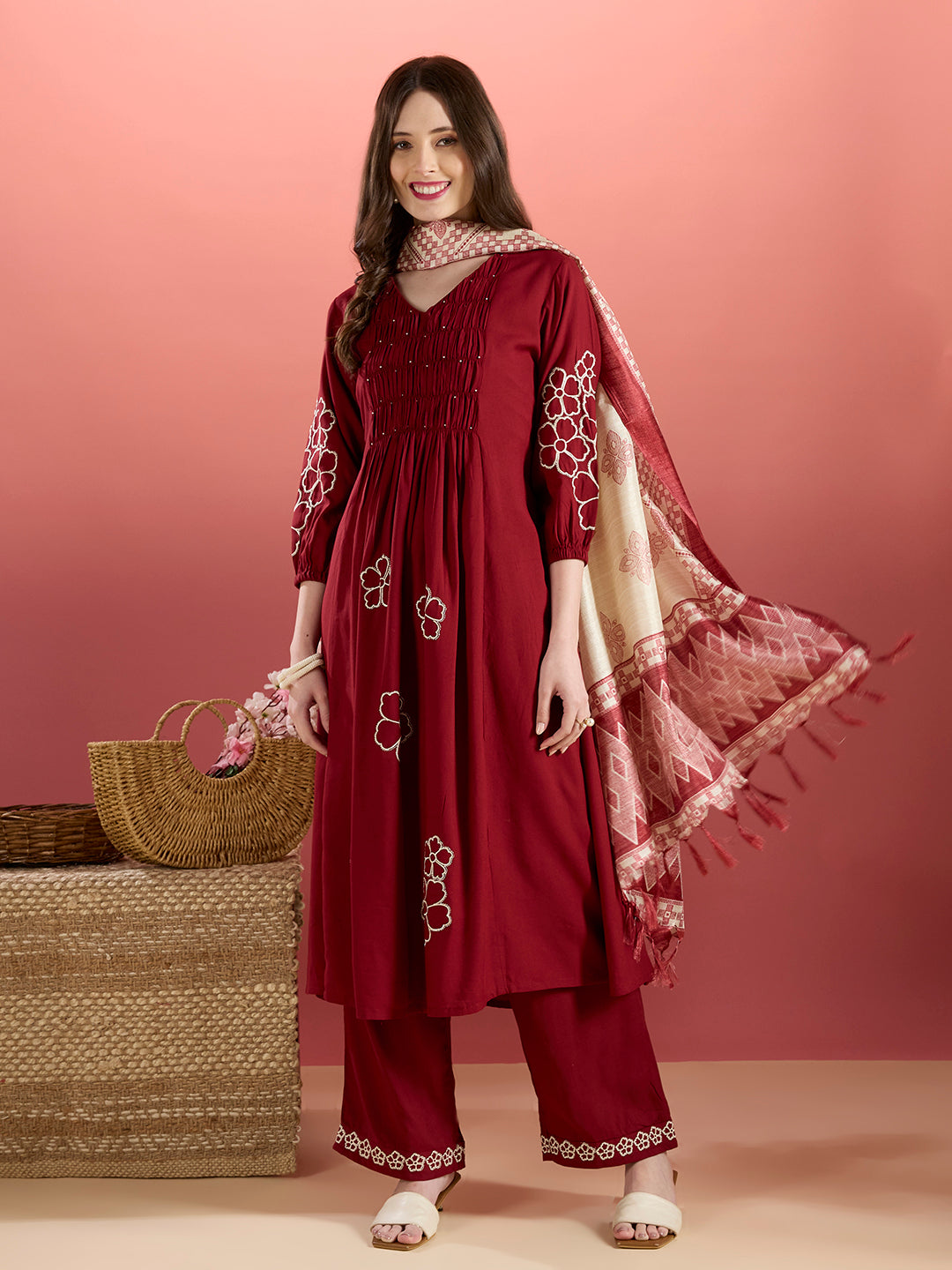 Floral Embroidered A-Line Pleated Kurta with Palazzo & Dupatta - Maroon