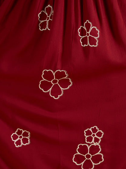 Floral Embroidered A-Line Pleated Kurta with Palazzo & Dupatta - Maroon