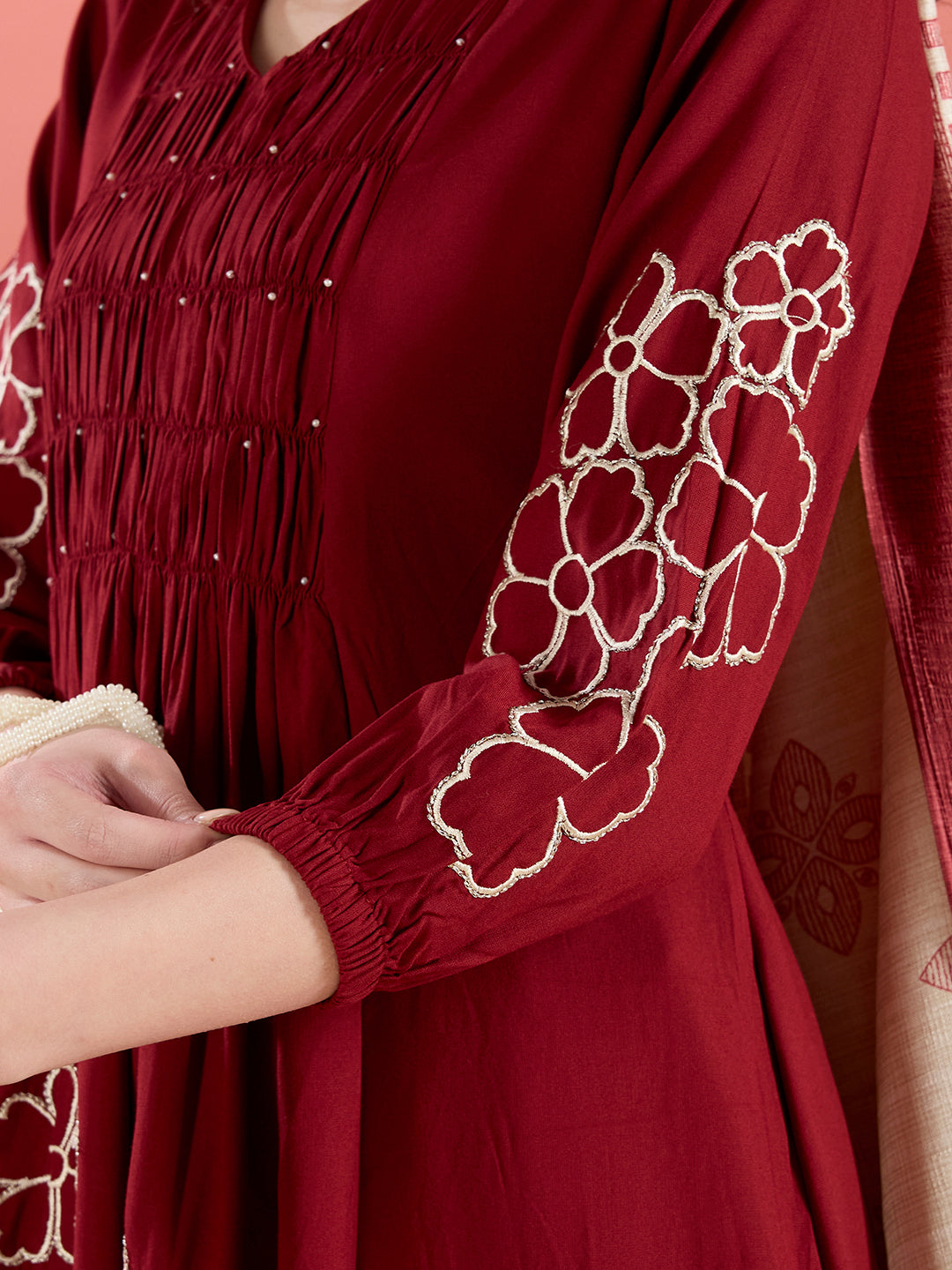 Floral Embroidered A-Line Pleated Kurta with Palazzo & Dupatta - Maroon