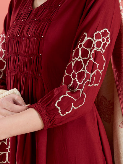 Floral Embroidered A-Line Pleated Kurta with Palazzo & Dupatta - Maroon