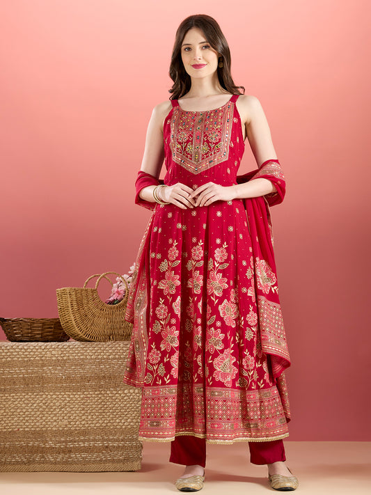 Festive Floral Printed Anarkali With Pant & Dupatta - Magenta