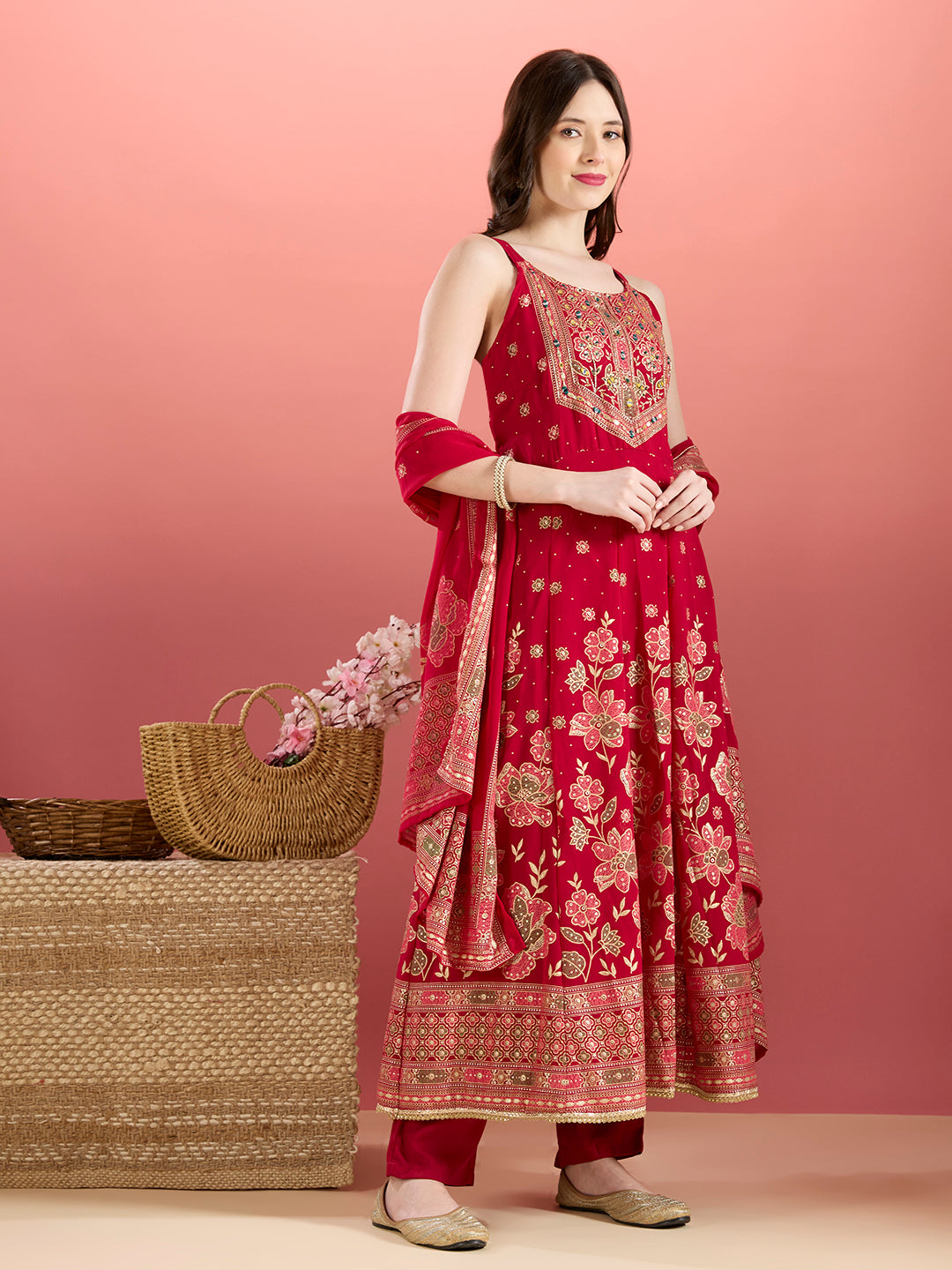 Festive Floral Printed Anarkali With Pant & Dupatta - Magenta