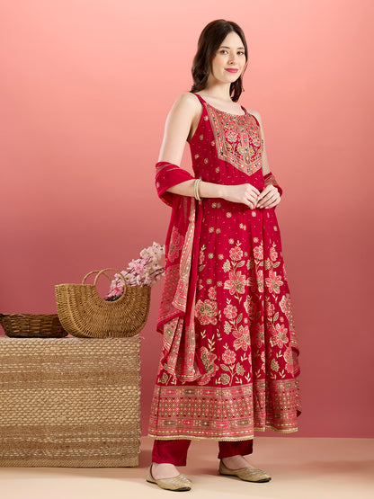 Festive Floral Printed Anarkali With Pant & Dupatta - Magenta