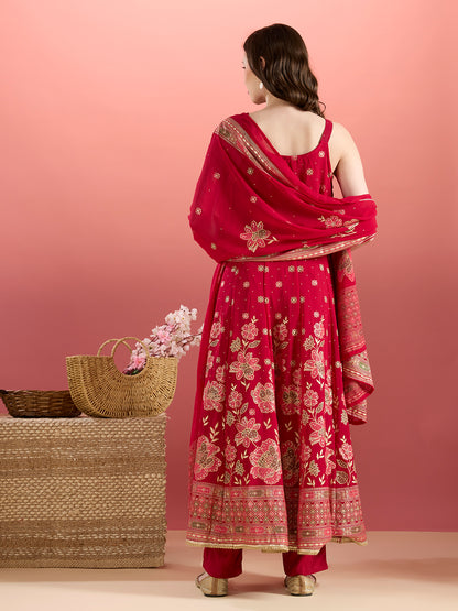 Festive Floral Printed Anarkali With Pant & Dupatta - Magenta