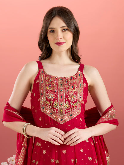 Festive Floral Printed Anarkali With Pant & Dupatta - Magenta