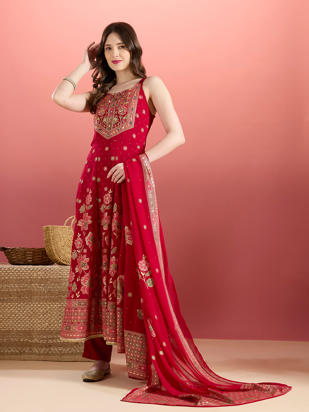 Festive Floral Printed Anarkali With Pant & Dupatta - Magenta