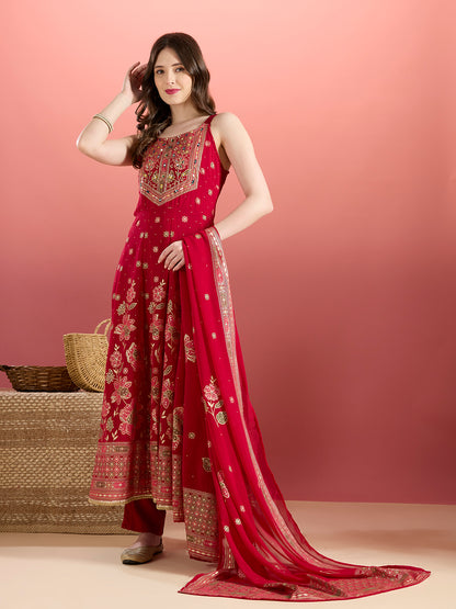 Festive Floral Printed Anarkali With Pant & Dupatta - Magenta
