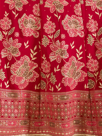 Festive Floral Printed Anarkali With Pant & Dupatta - Magenta
