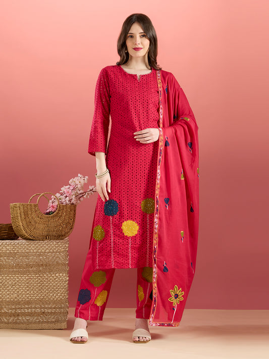 Solid Schiffli Floral Embroidered Straight Kurta with Pant & Dupatta - Rani