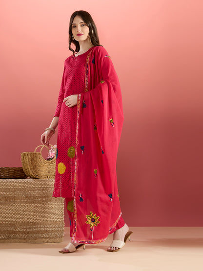 Solid Schiffli Floral Embroidered Straight Kurta with Pant & Dupatta - Rani