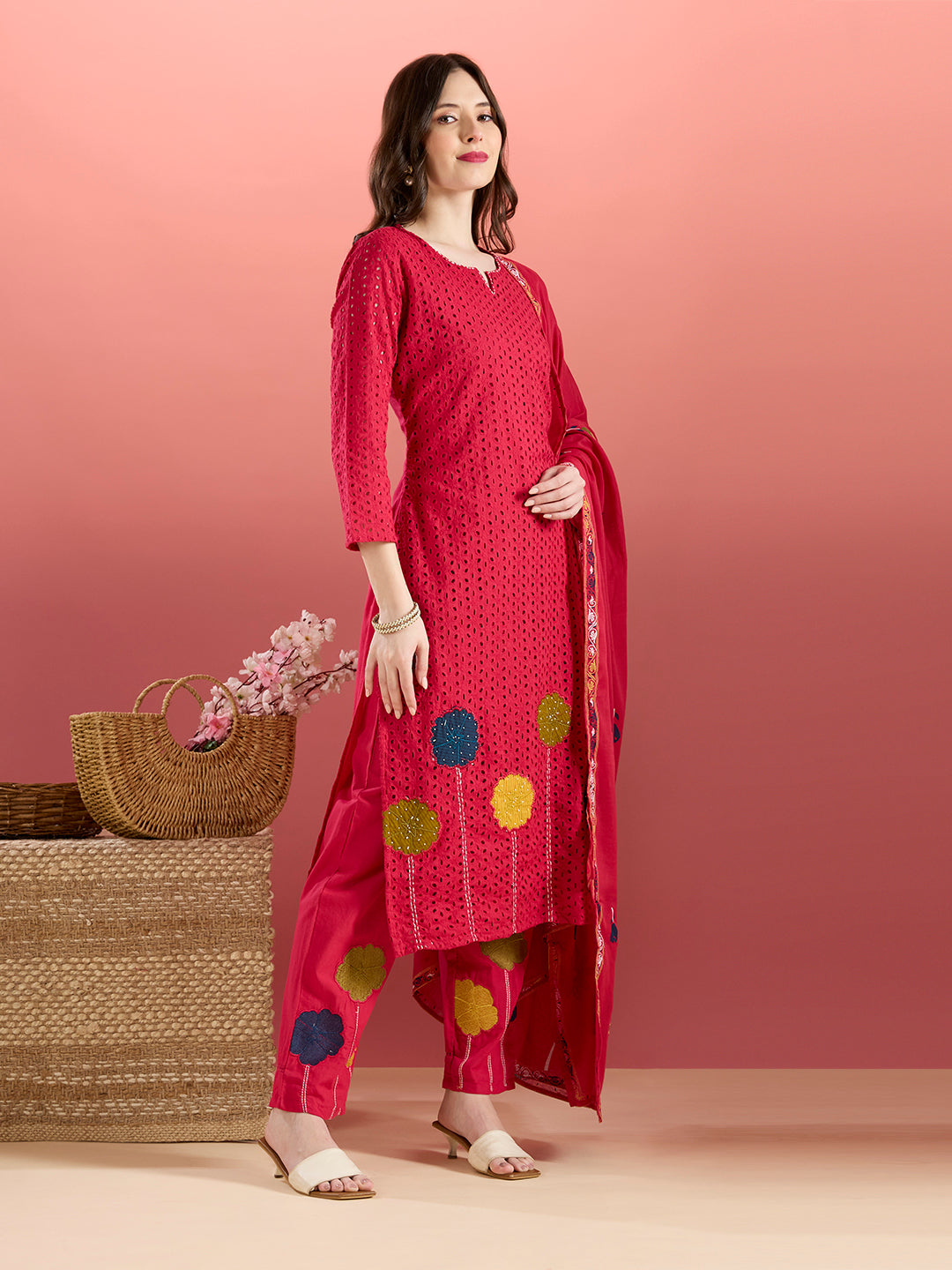 Solid Schiffli Floral Embroidered Straight Kurta with Pant & Dupatta - Rani