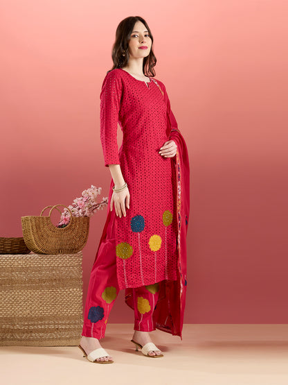 Solid Schiffli Floral Embroidered Straight Kurta with Pant & Dupatta - Rani
