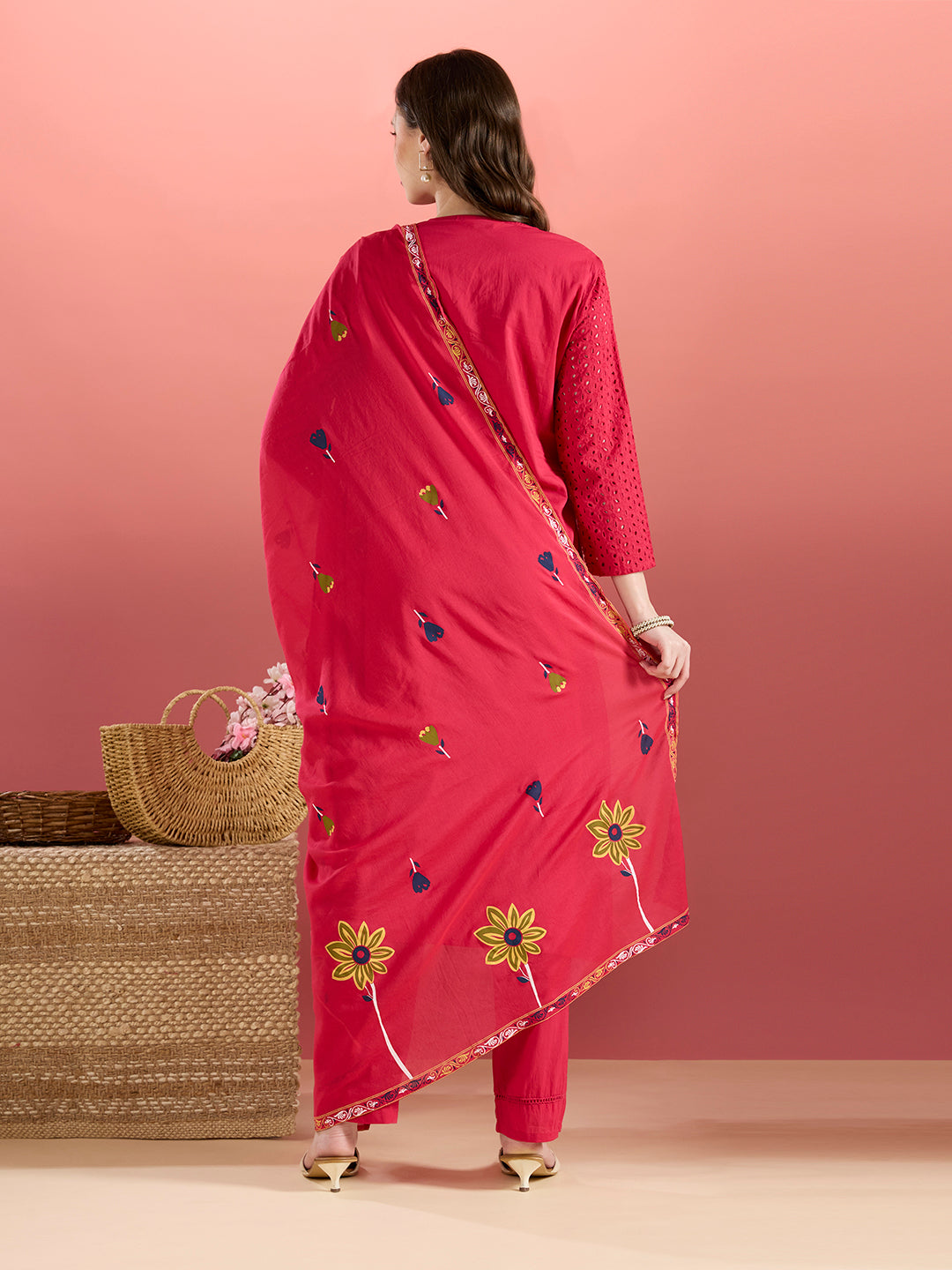 Solid Schiffli Floral Embroidered Straight Kurta with Pant & Dupatta - Rani